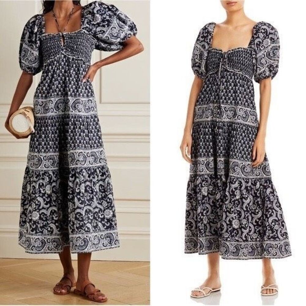 Sea New York Women's Short Puff Sleeve Tiered Midi Jasper Dress Blue White Small